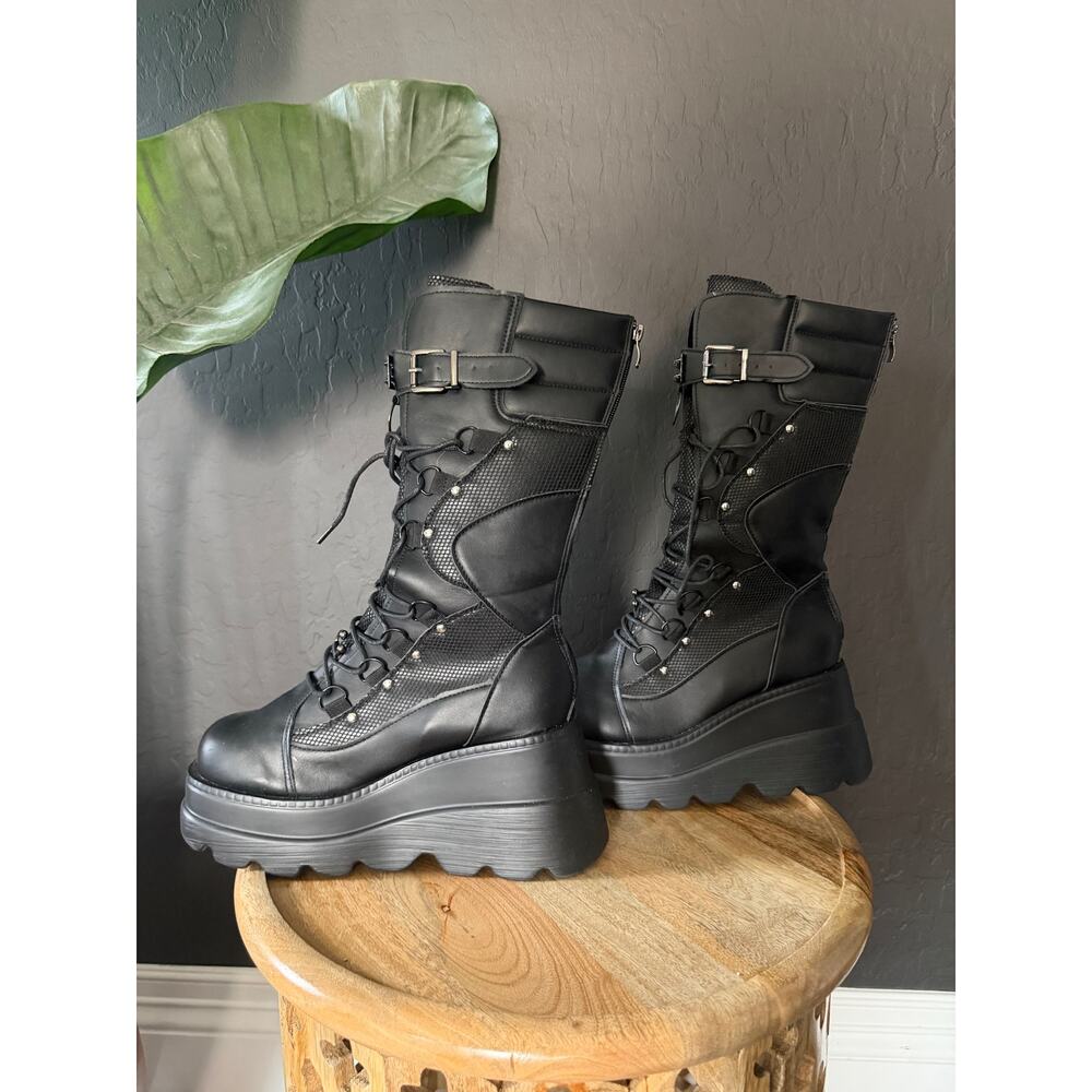 Goth Platform Mid Calf Boots Black Chunky Wedge Demonia Style EU41 US10